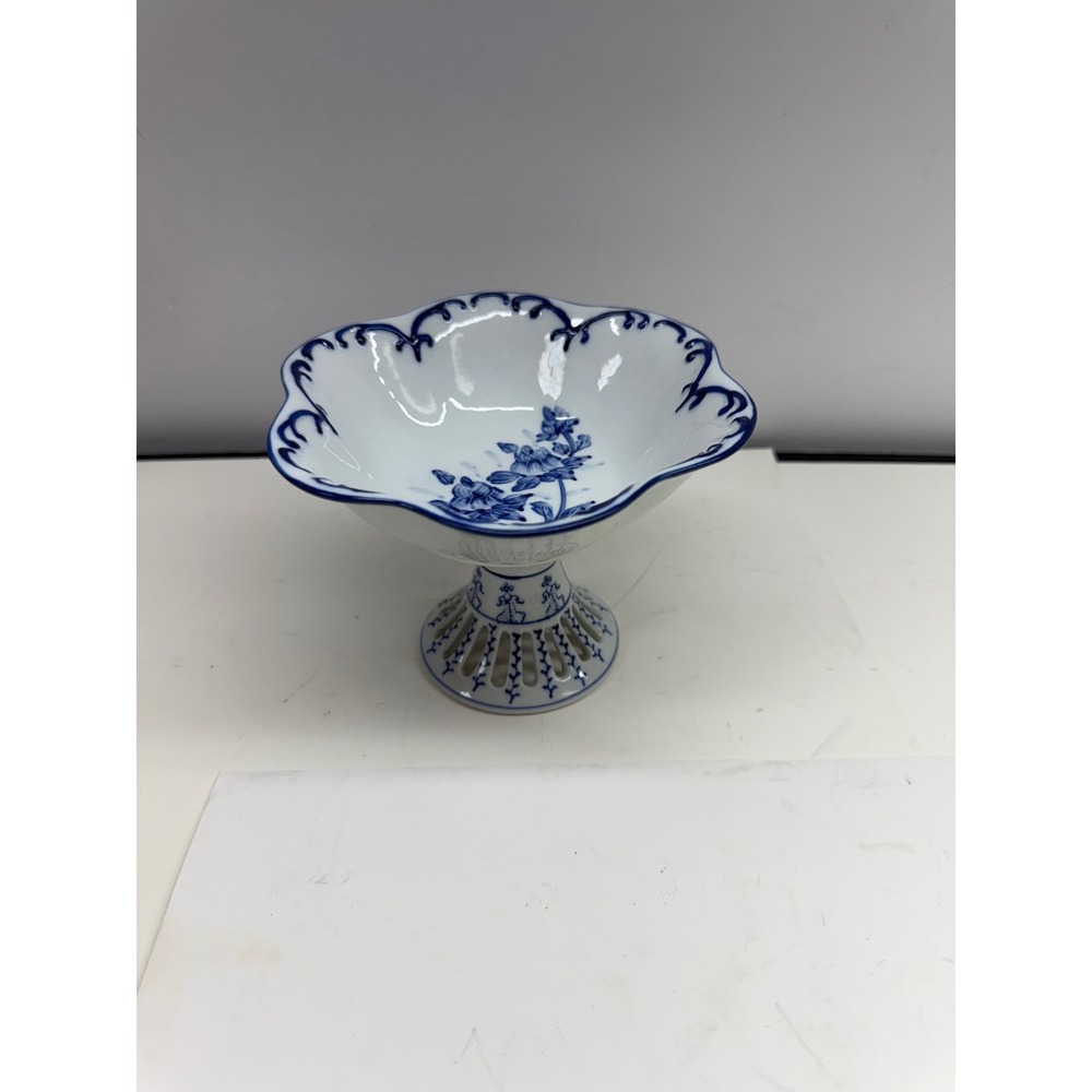 Vintage Blue and White Porcelain Pedestal Bowl Scalloped Reticulated Footed Dish